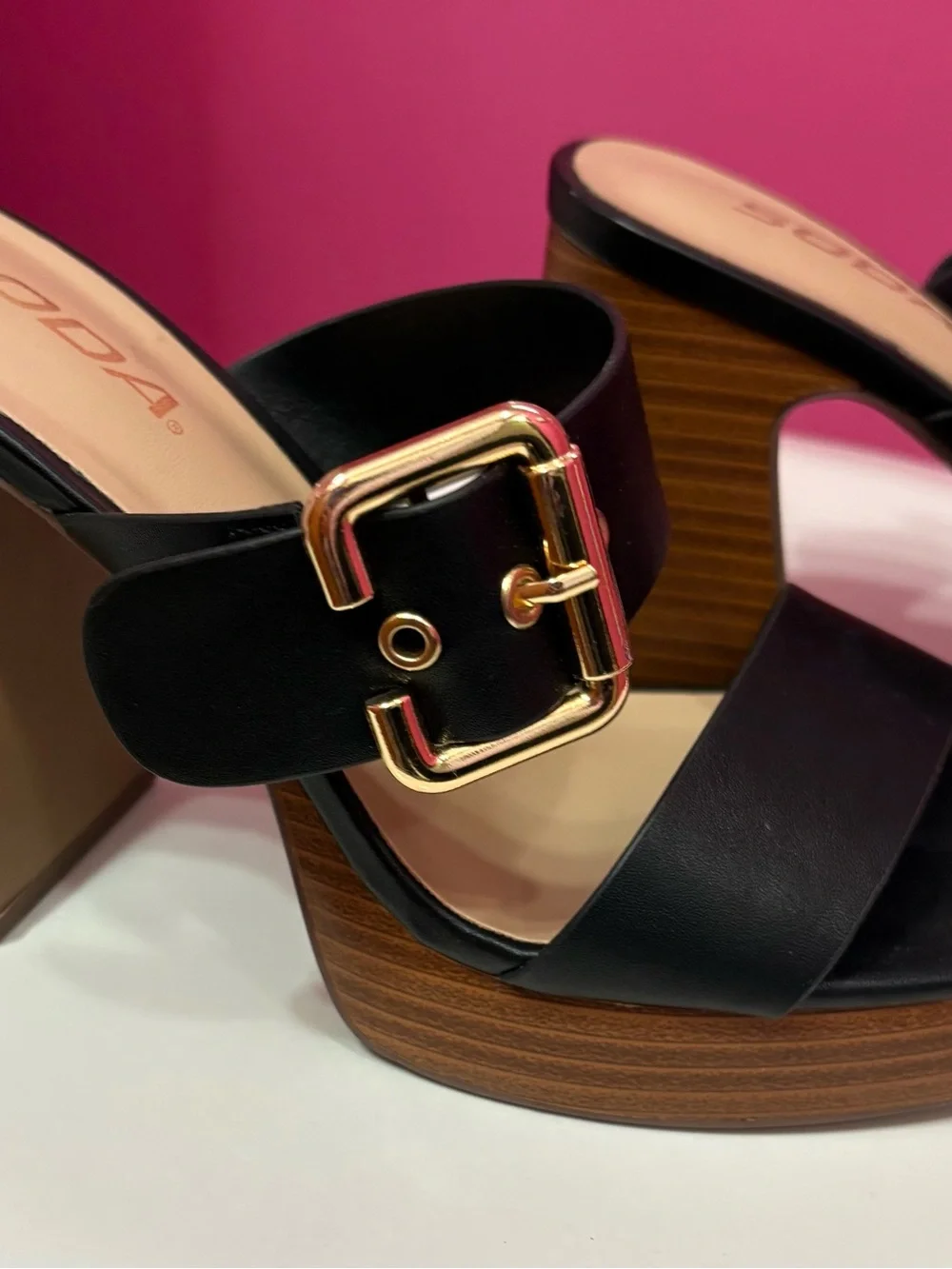 Soda Black Platform Slide with Gold Buckle